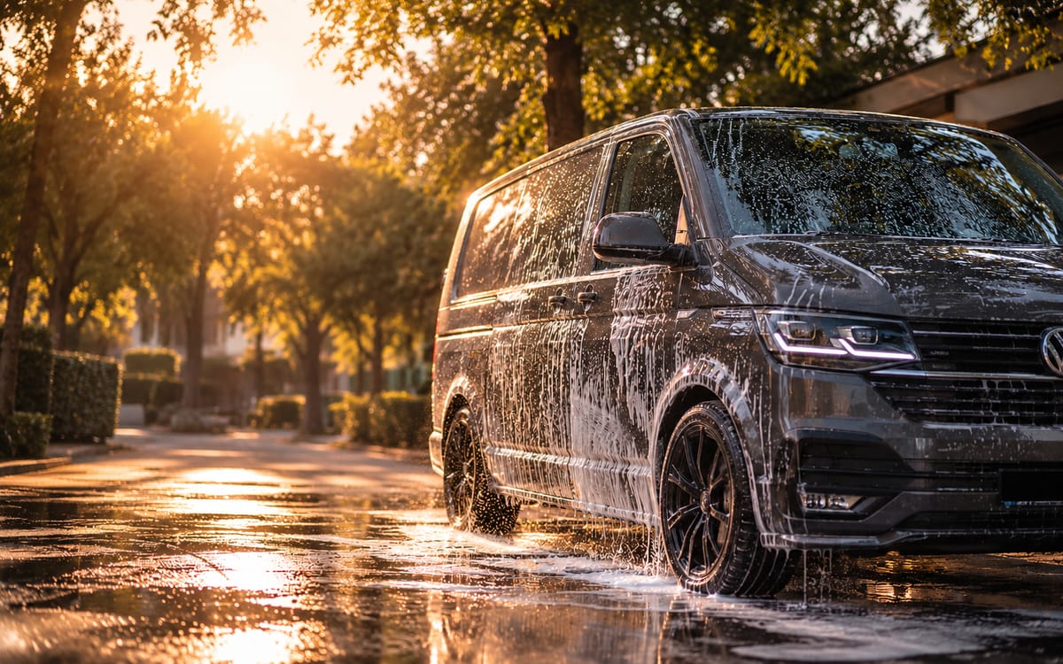 Donkergrijze Volkswagen-bestelbus onder het schuim in warm avondlicht